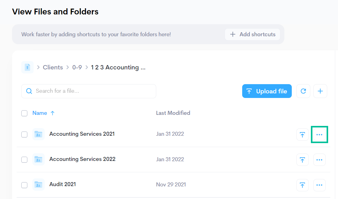 Image of view files and folders page with Actions button highlighted. See information above.