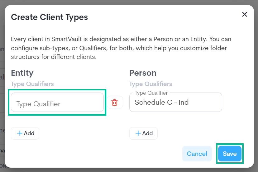 Image of Create Client types window. See information above.