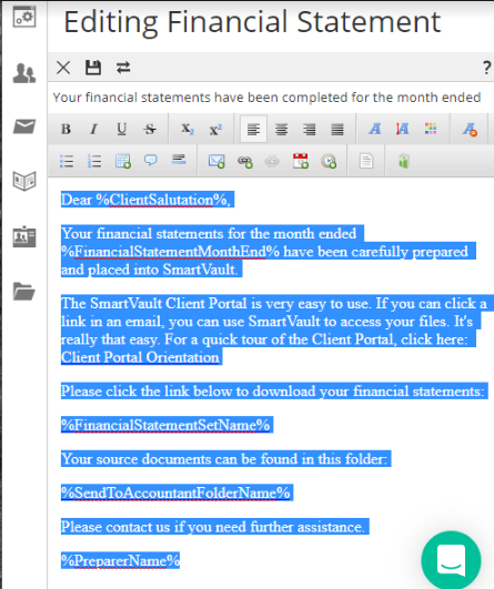 Image of sample financial statement email template. See information above.