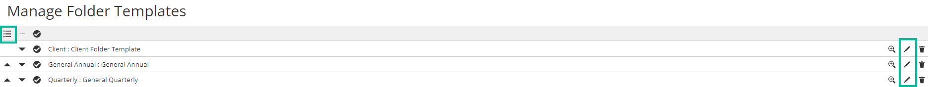 Sample manage folder templates list. See information above