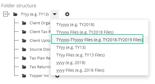 Folder structure engagement types options menu. See information above