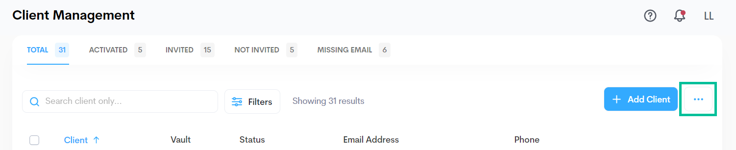 Client management page with Actions highlighted next to add client. See information above
