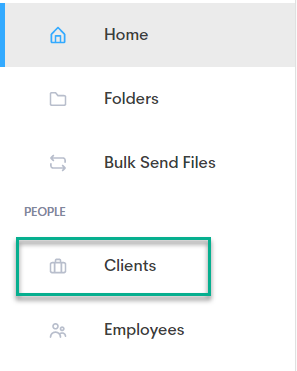 SmartVault portal window at home page with clients highlighted in navigation menu. See information above