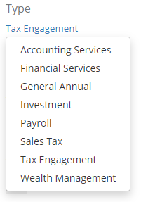 Image of engagement Type menu. See information above