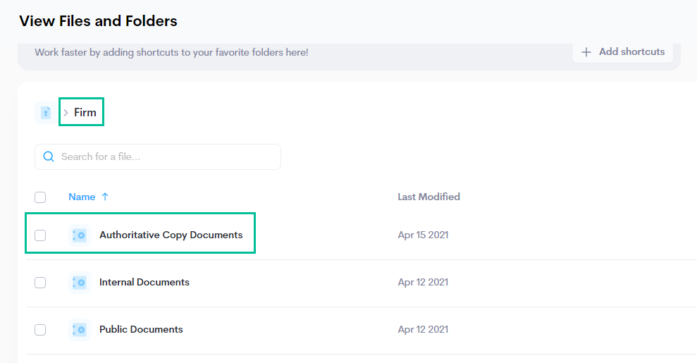 Image of authorative copy document folder in the View Files and Folders page. See information above