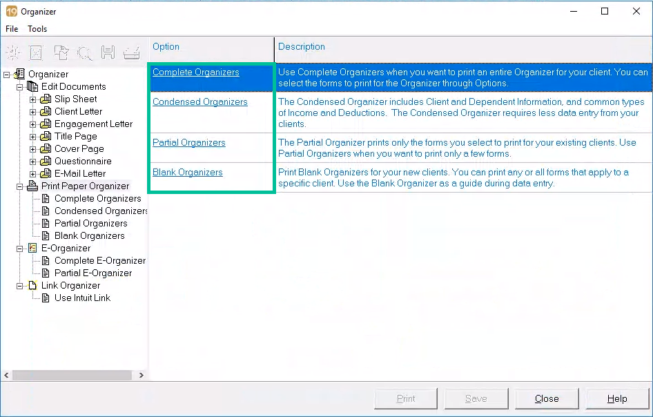 Organizer Window in Lacerte with options highlighted. See information above