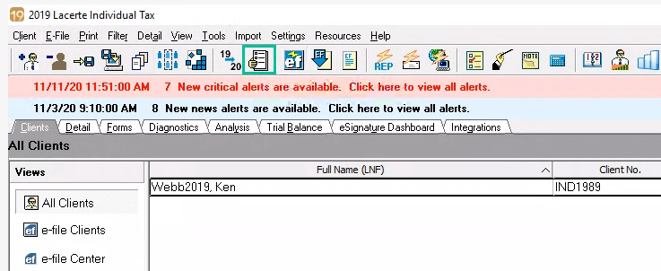 2019 Lacerte Individual Tax window with the print paper organizer icon highlighted. See information above