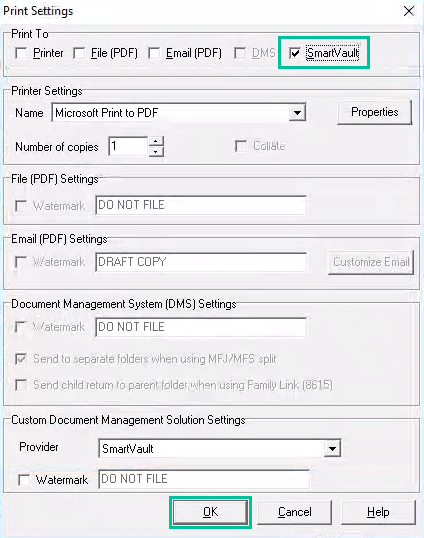 Lacerte - Print Settings dialog with SmartVault option selected
