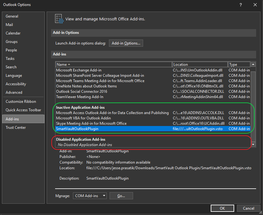 Image of Outlook Options Add-ins menu. See information above