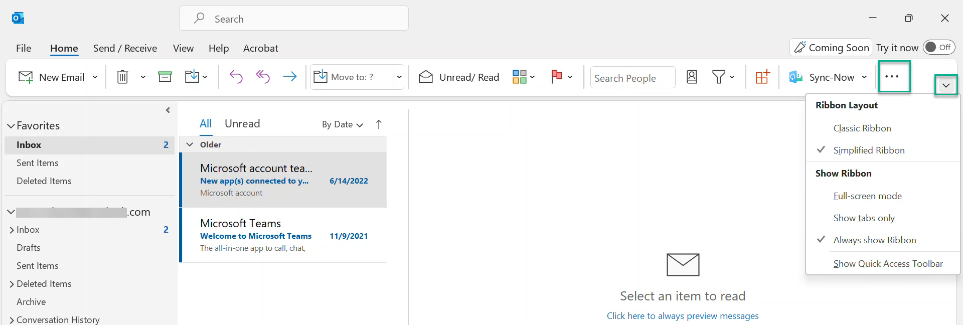 Outlook window showing More Commands and ribbon layout options in the Outlook ribbon. See information above