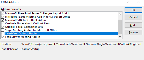 Image of COM add ins window with smart vault selected. See information above
